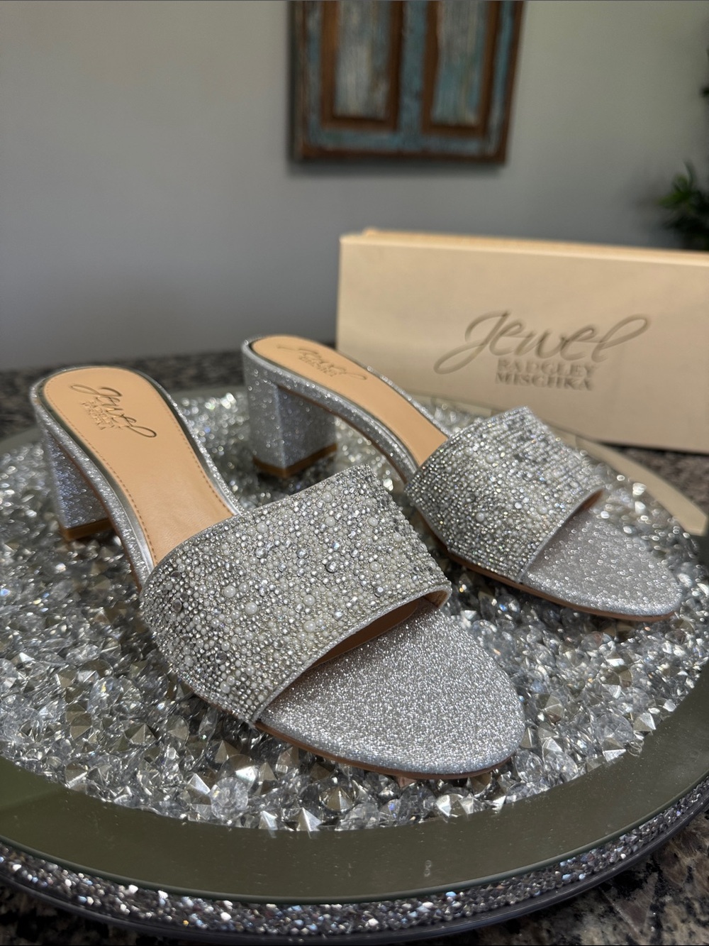 Jewel Badgley Mischka Silver Crystal-Embellished Block Heel Mules